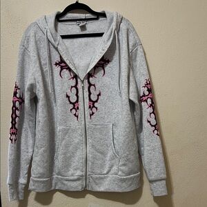 Light Gray Zip-Up Hoodie with Pink Tribal Accent